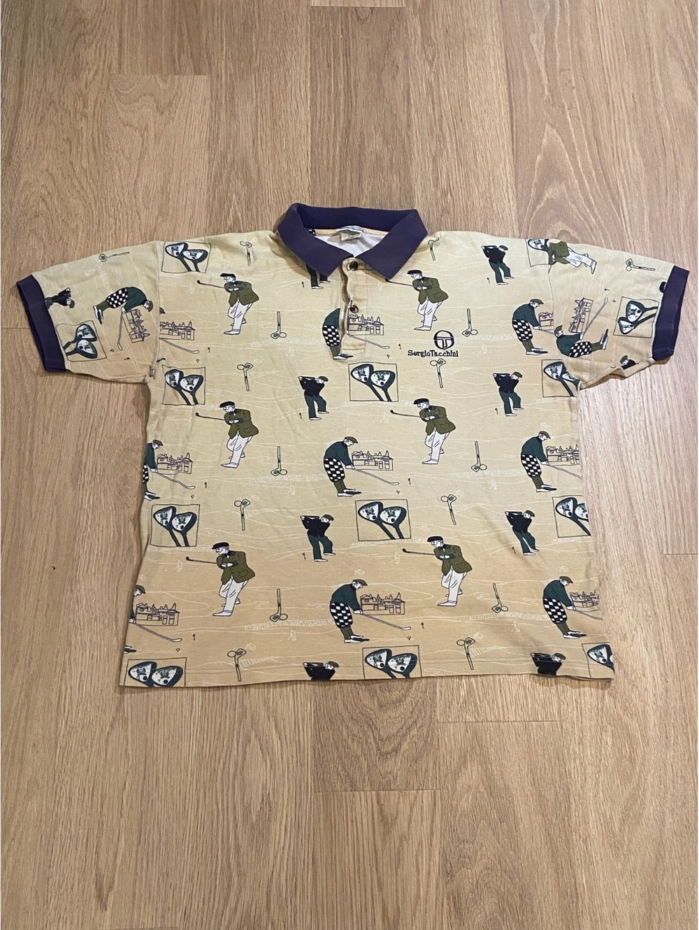 Sergio Tacchini Vintage All Over Golf Print Polo Shirt with Navy Collar & Cuffs